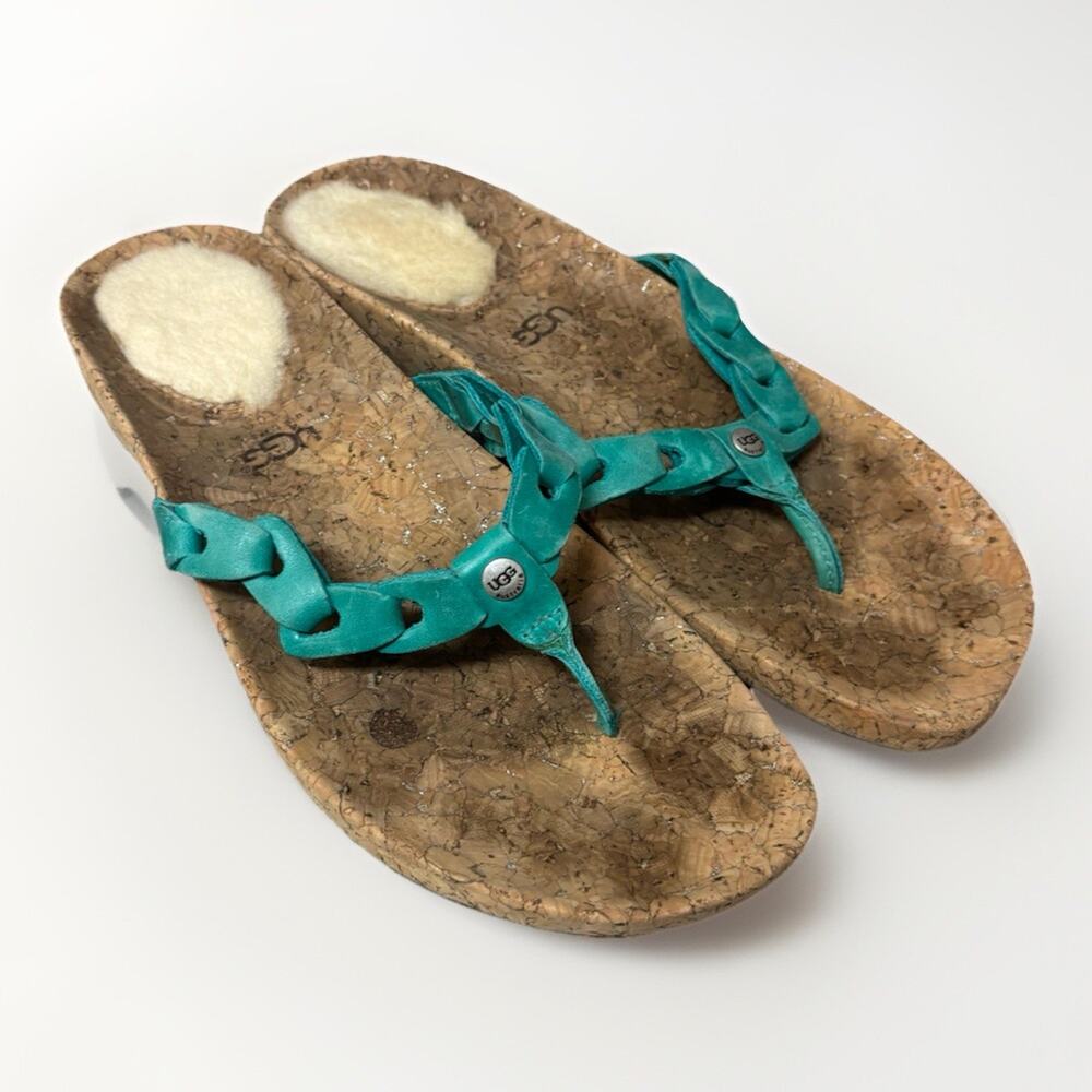 UGG Womens Flip Flop Sandals Size 9 Teal Leather Comfort Thong Casual